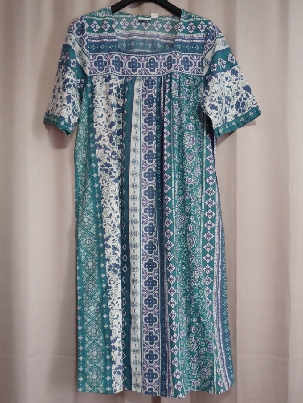 Vermont Country Store Vertical Print Cotton Muumuu Pockets Square Neck Boho Sz M